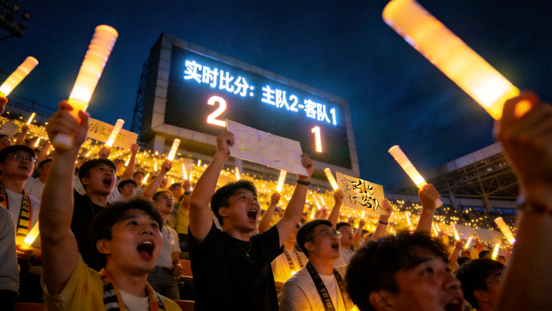 体育场夜间灯光下球迷观赛氛围与大屏实时比分展示画面